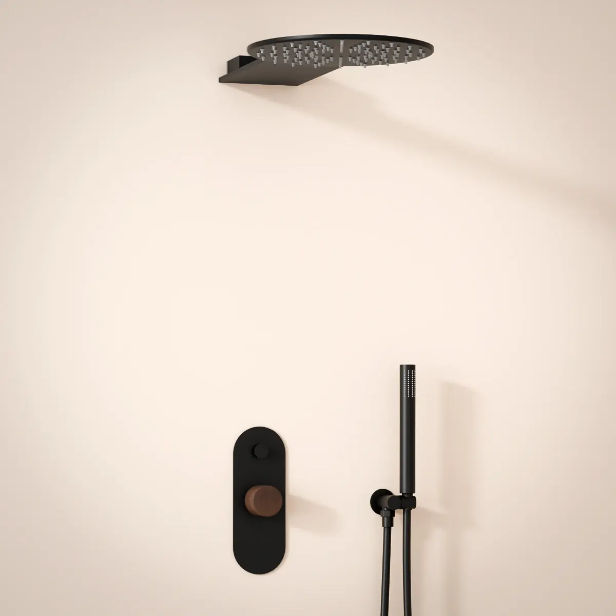 Composition de douche encastrée noir mat avec manette bois wengé.