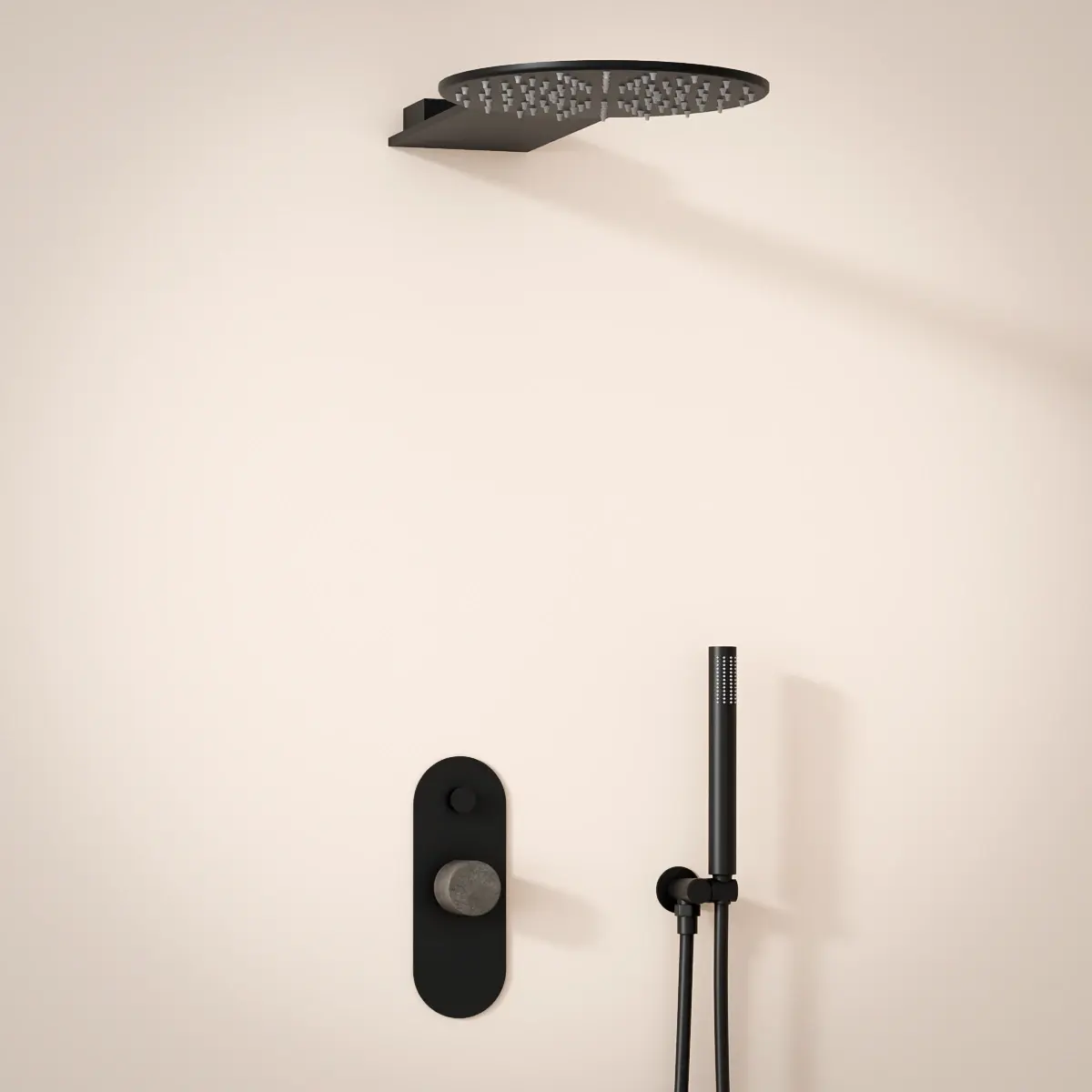 Composition de douche encastrée noir mat avec manette béton.