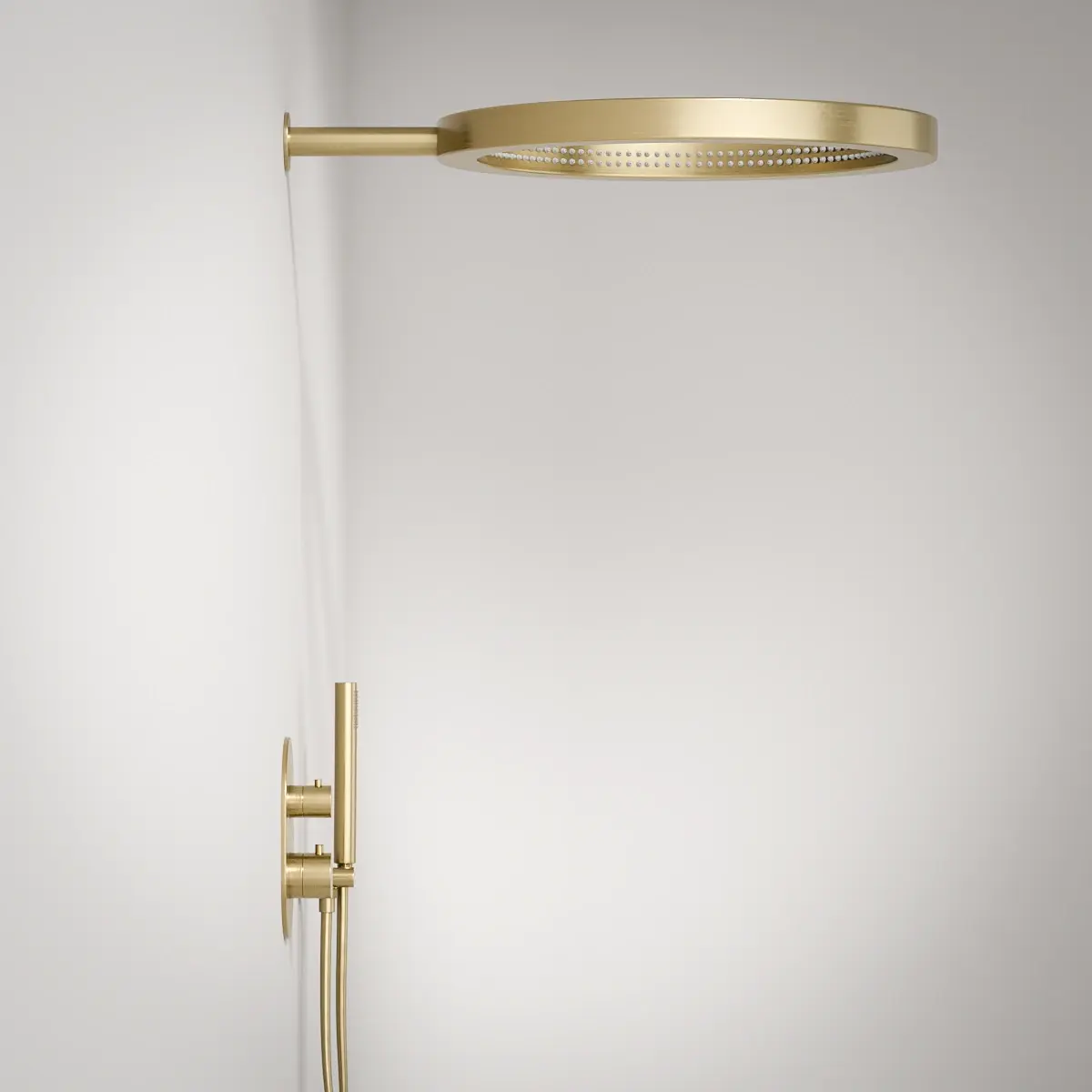 Composition mitigeur de douche thermostatique encastré doré brossé, pomme de tête ouverte, Châtelet