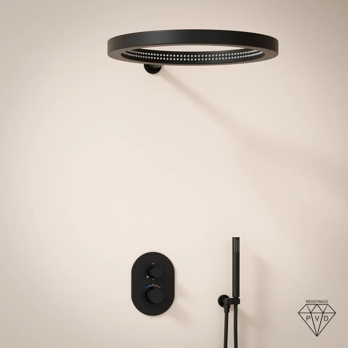 Composition de douche encastrée Châtelet noir mat avec mitigeur thermostatique et pomme de tête ouverte