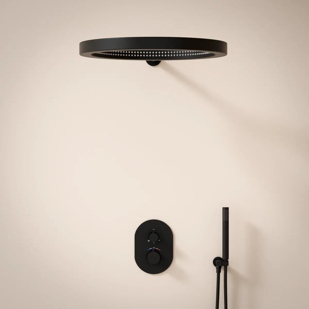 Composition mitigeur de douche thermostatique encastré noir mat, pomme de tête ouverte, Châtelet 