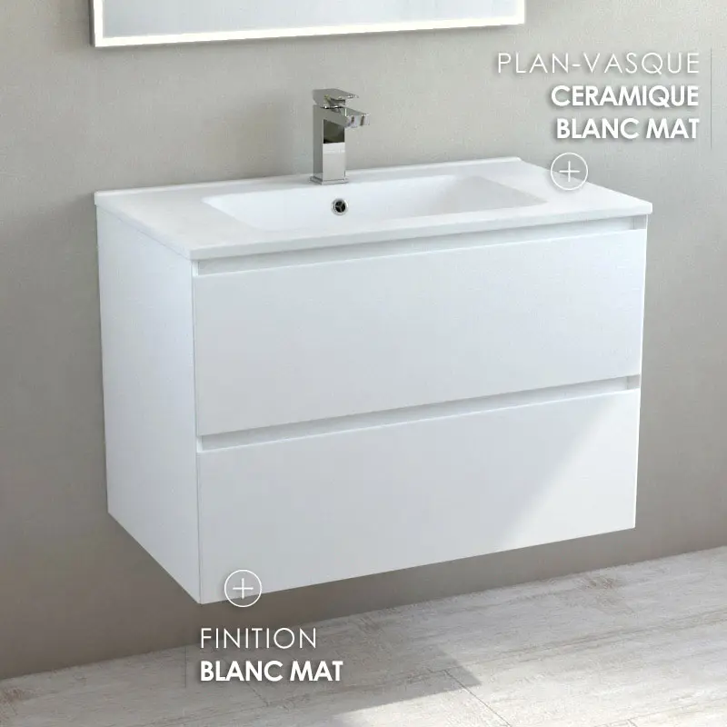 Meuble suspendu 80cm blanc mat et plan vasque céramique mat, One.webp