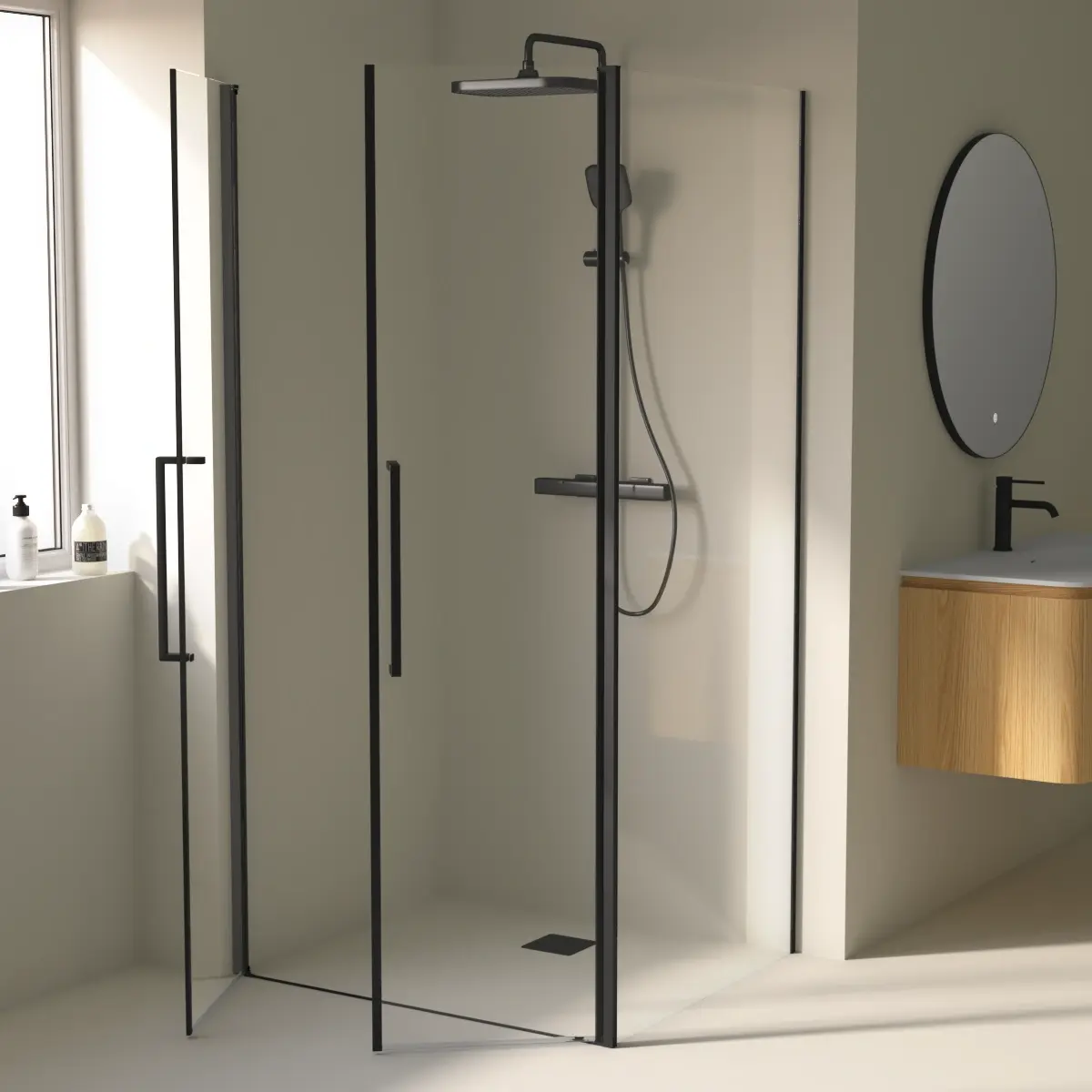 Paroi de douche saloon sur mesure noir brossé avec deux portes battantes ouverture intérieure et extérieure