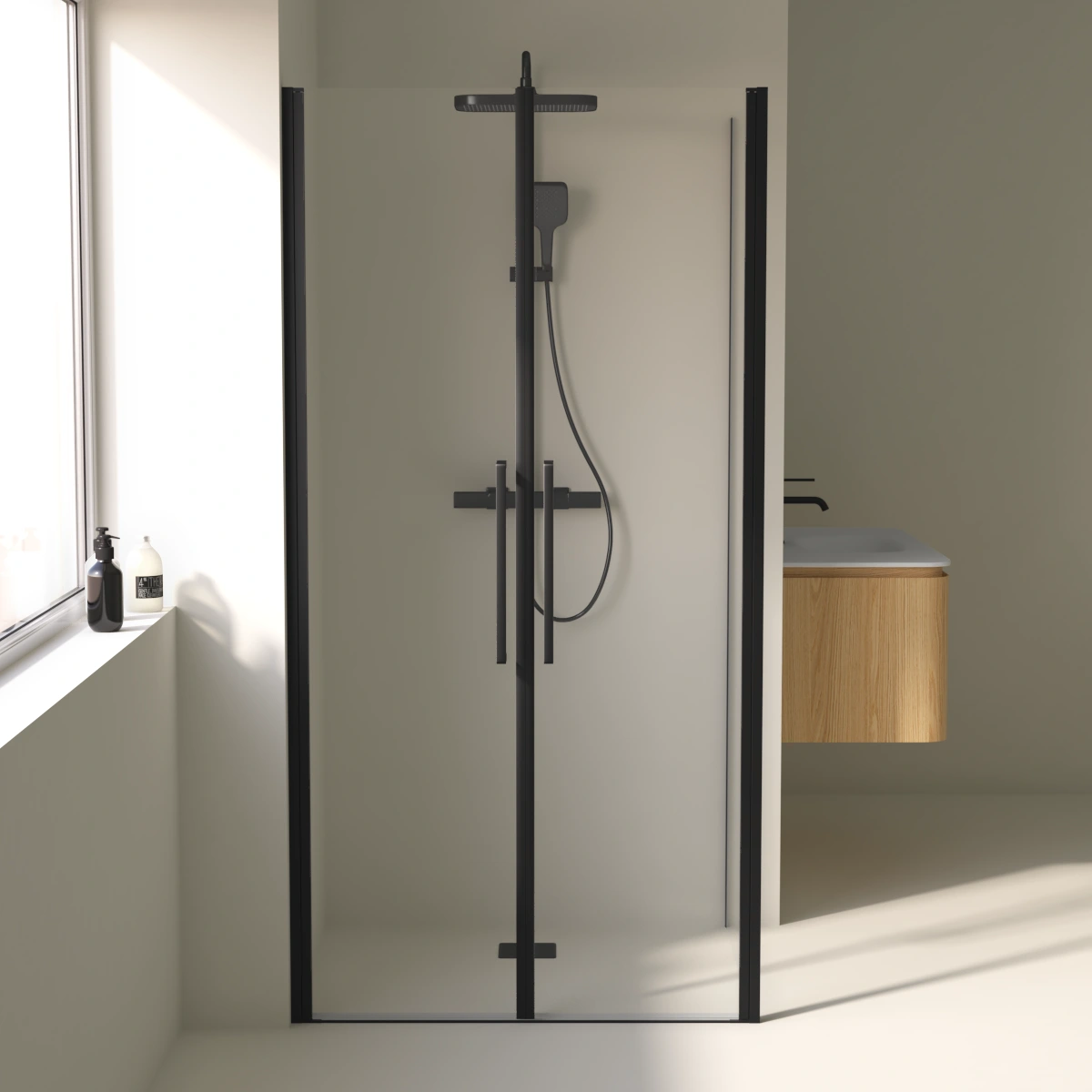 Cabine de douche saloon, sur-mesure de 58 à 95,5 cm avec retour fixe Noir brossé, Regia  