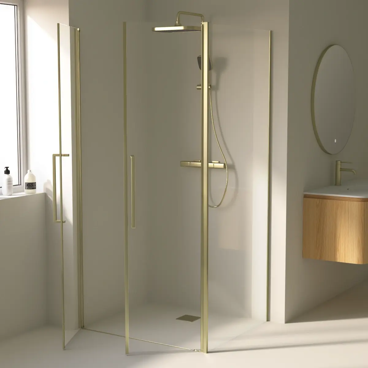 Paroi de douche saloon sur mesure doré brossé avec deux portes battantes ouverture intérieure et extérieure