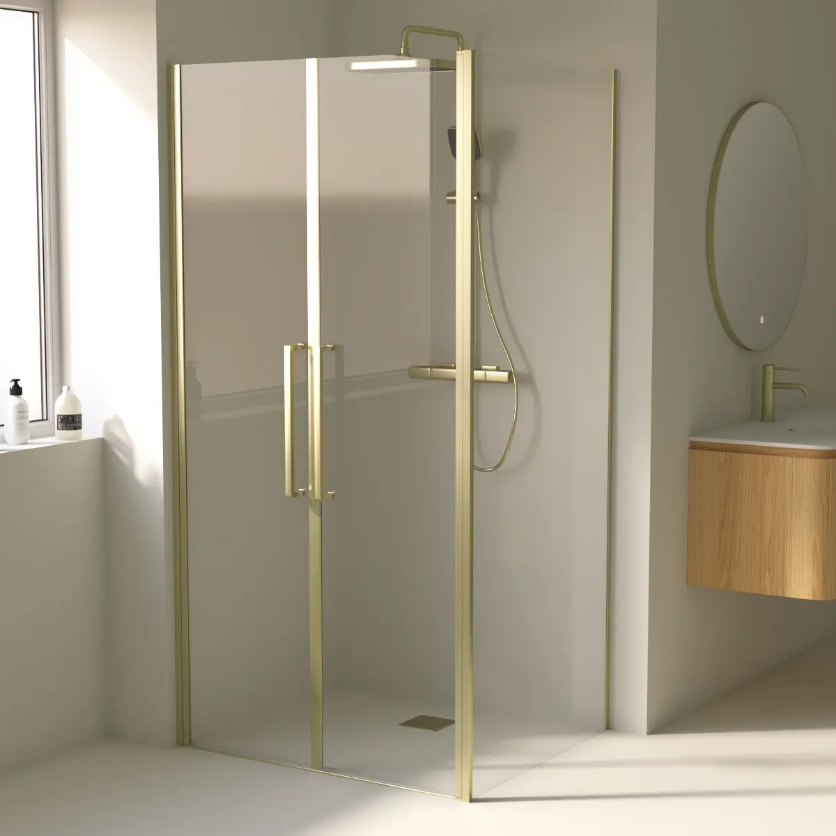 Cabine de douche saloon, sur-mesure de 58 à 95,5 cm avec retour fixe, Doré brossé, Regia  