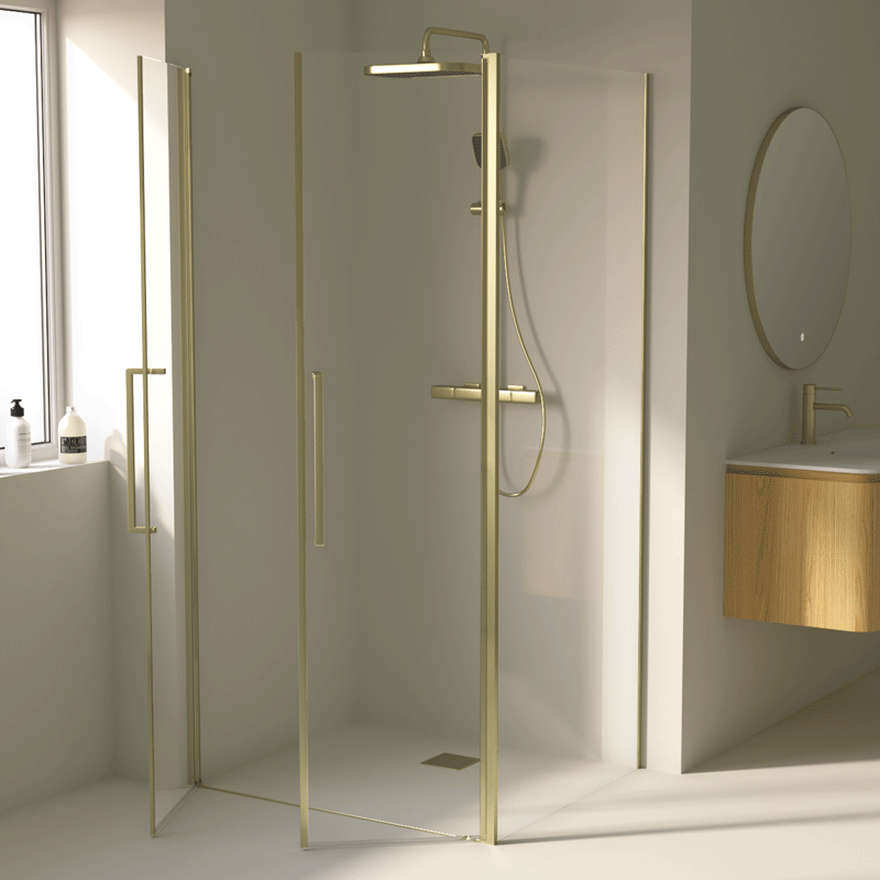 Cabine de douche saloon, sur-mesure de 58 à 95,5 cm avec retour fixe, Doré brossé, Regia  