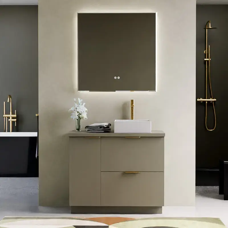 Meuble à poser 90 cm, vert olive avec poignées doré brossé, Alma