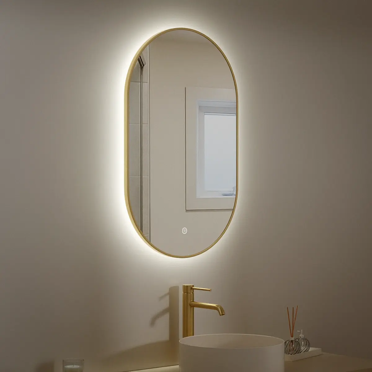 Miroir 50x80 avec éclairage led, anti-buée, bord fin doré brossé, Oblong 