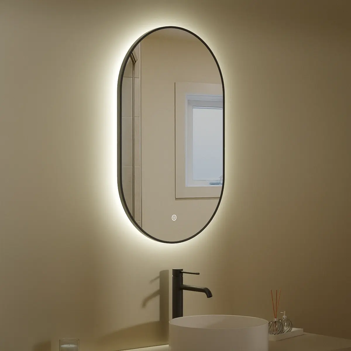 Miroir 50x80 avec éclairage led, anti-buée, bord fin noir mat, Oblong  