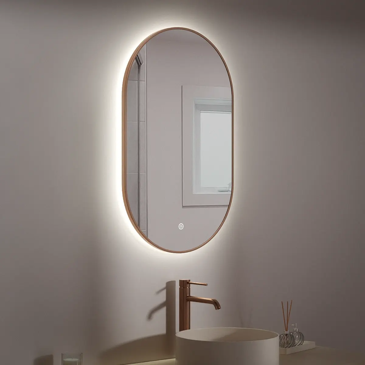 Miroir 50x80 avec éclairage led, anti-buée, bord fin or rose mat, Oblong   