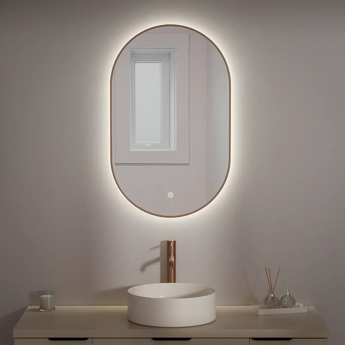 Miroir 50x80 avec éclairage led, anti-buée, bord fin or rose mat, Oblong   