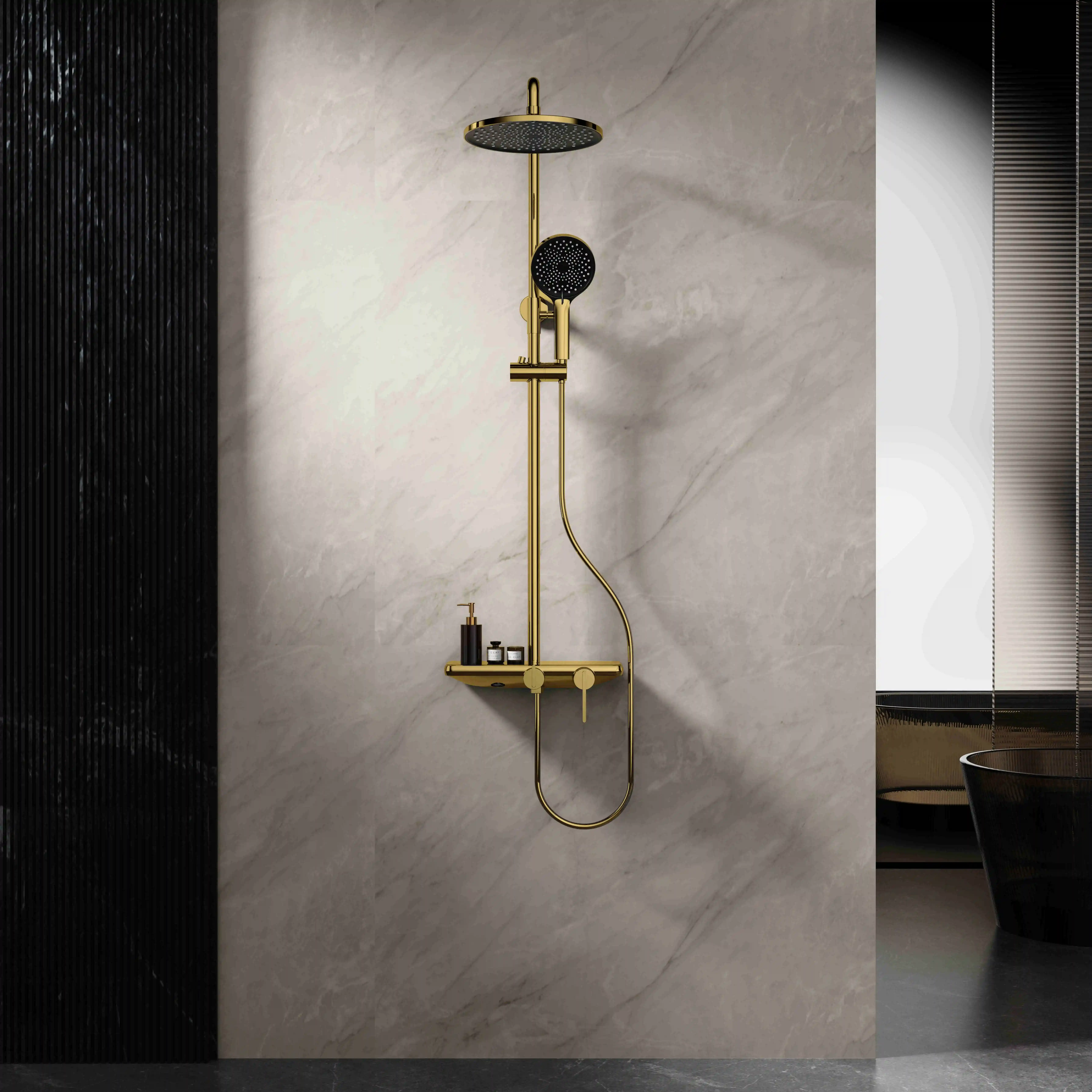 Colonne de douche ou bain douche, avec mitigeur mécanique, 3 voies, plaque verre miroir, Doré brossé, Iéna