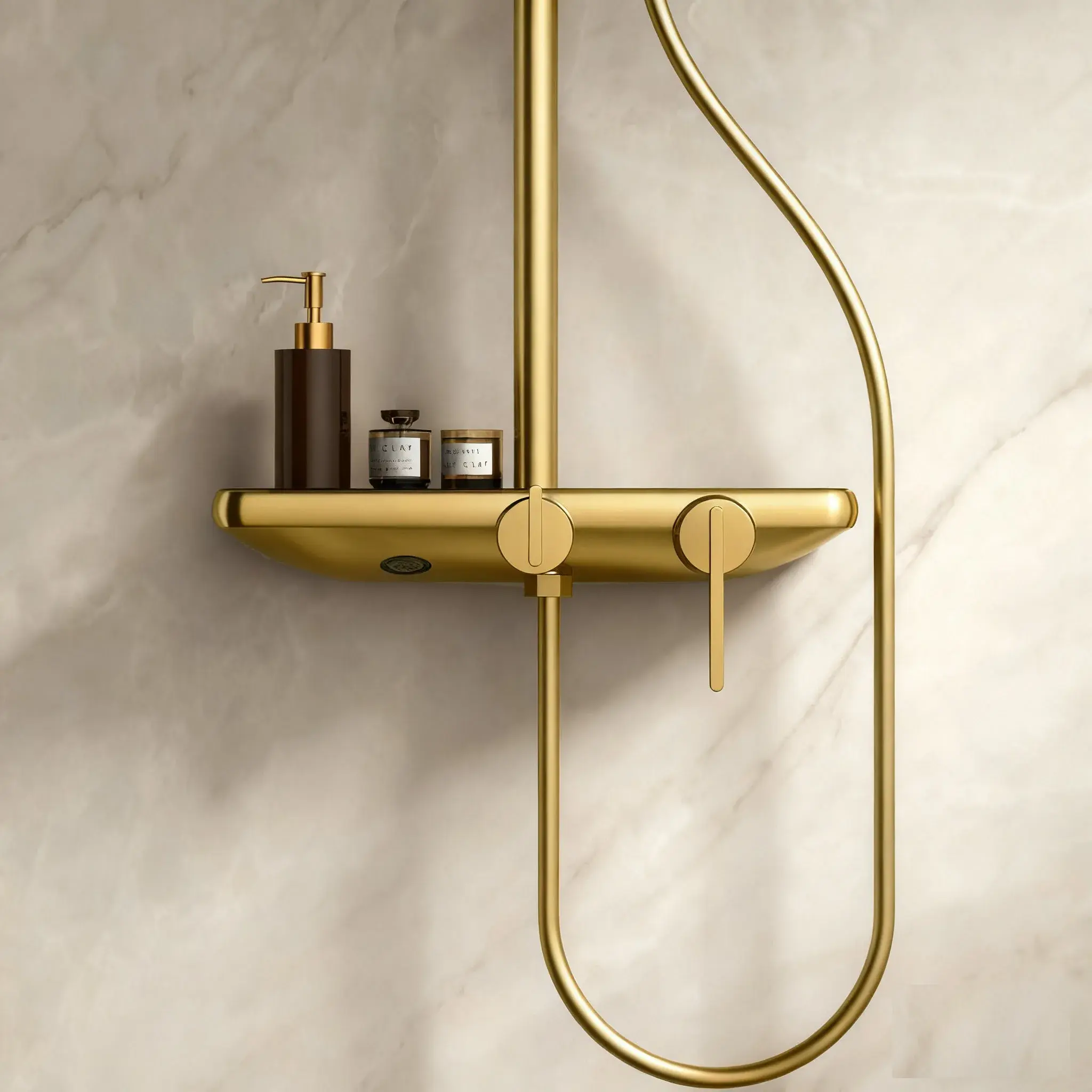 Colonne de douche ou bain douche, avec mitigeur mécanique, 3 voies, plaque verre miroir, Doré brossé, Iéna