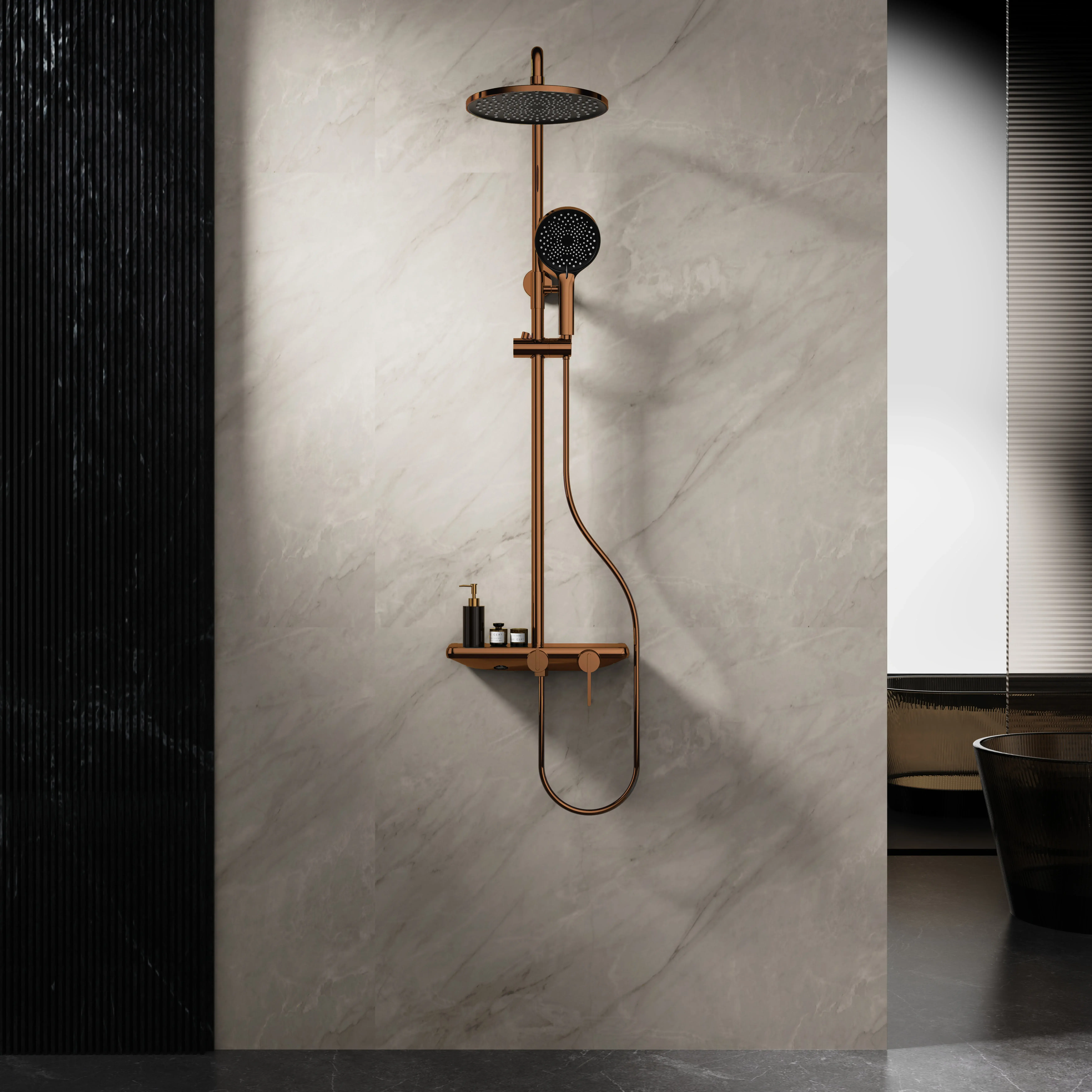 Colonne de douche ou bain douche, avec mitigeur mécanique, 3 voies, plaque verre miroir, Copper brossé, Iéna