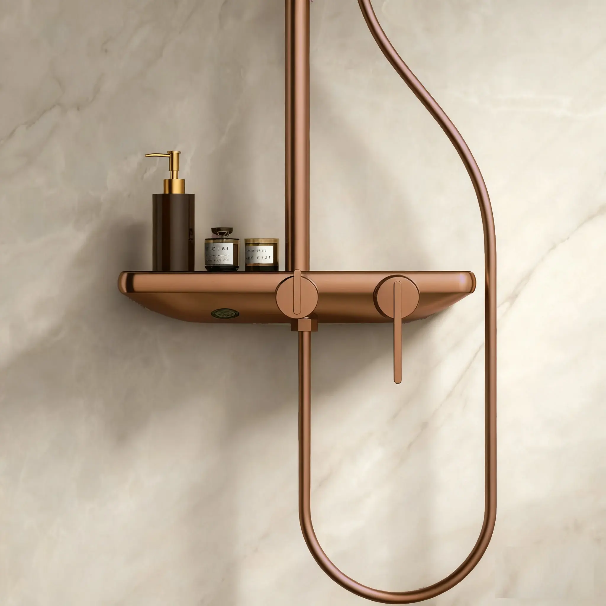 Colonne de douche ou bain douche, avec mitigeur mécanique, 3 voies, plaque verre miroir, Copper brossé, Iéna