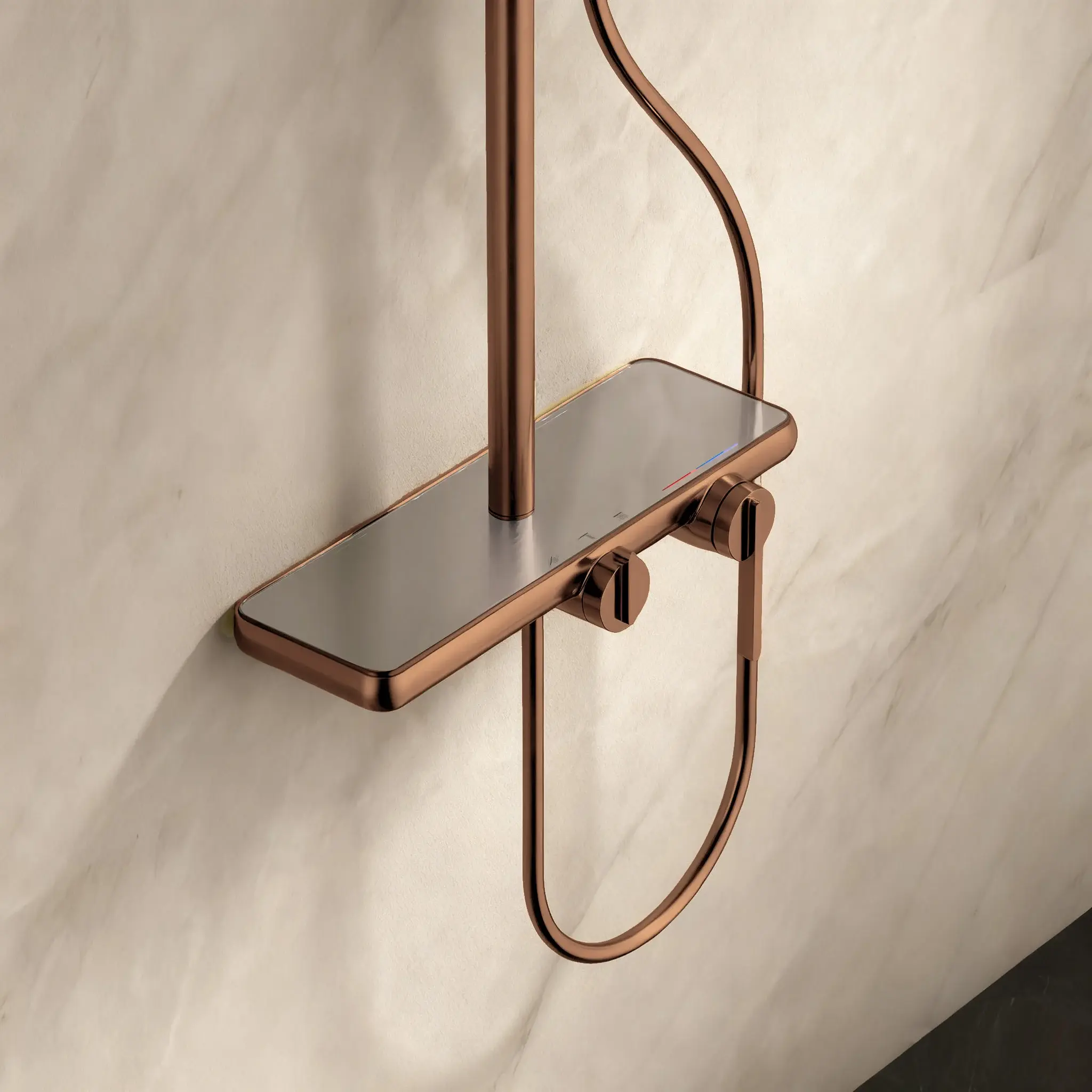 Colonne de douche ou bain douche, avec mitigeur mécanique, 3 voies, plaque verre miroir, Copper brossé, Iéna