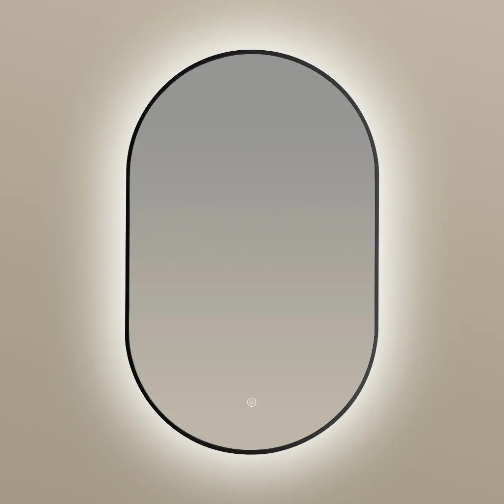 Miroir 50x80 avec éclairage led, anti-buée, bord fin noir mat, Oblong  .webp