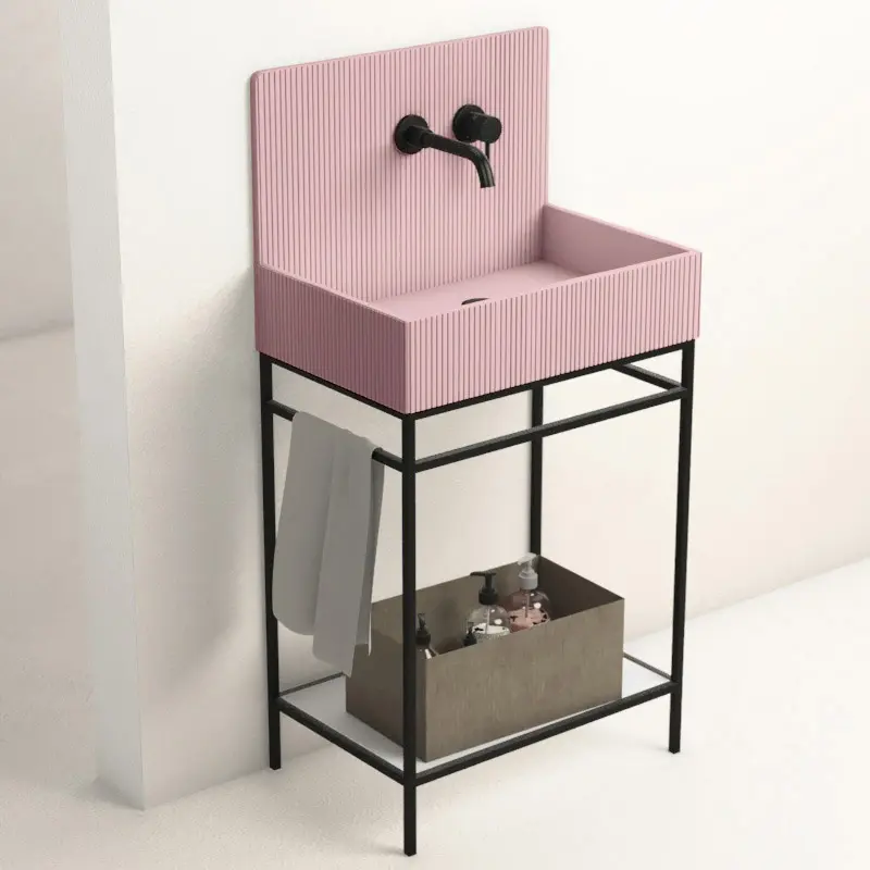 Lavabo sur pieds à poser 60x38 cm, aspect béton rose, Roneo