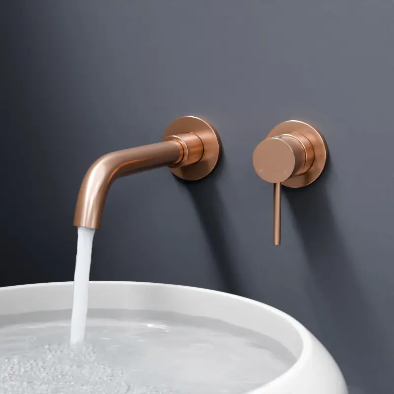 Robinet mitigeur lavabo mural encastré doré rose brossé, Châtelet