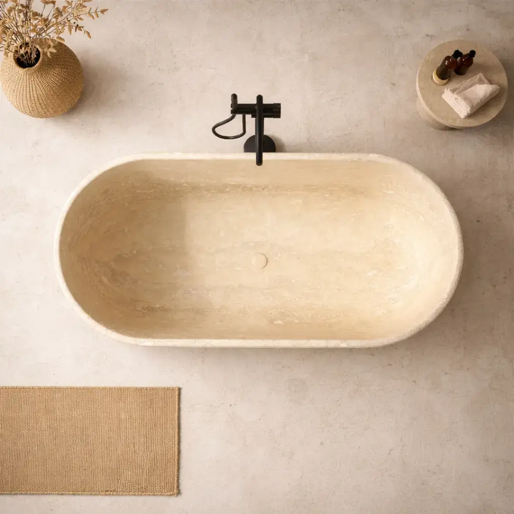 Baignoire îlot, pierre naturelle Travertin beige,170x80, Caïques