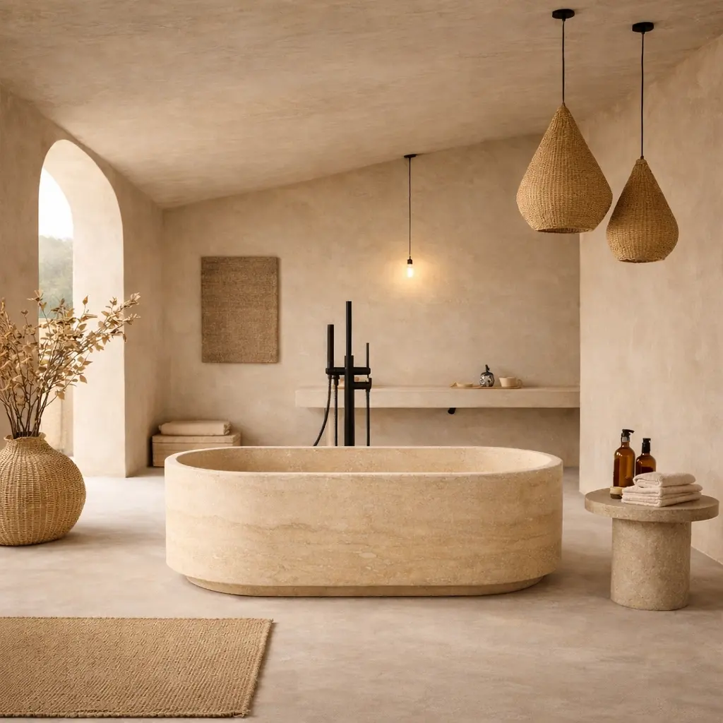 Baignoire îlot oblongue en pierre naturelle Travertin beige Caïques, design moderne et élégant dans une salle de bain contemporaine