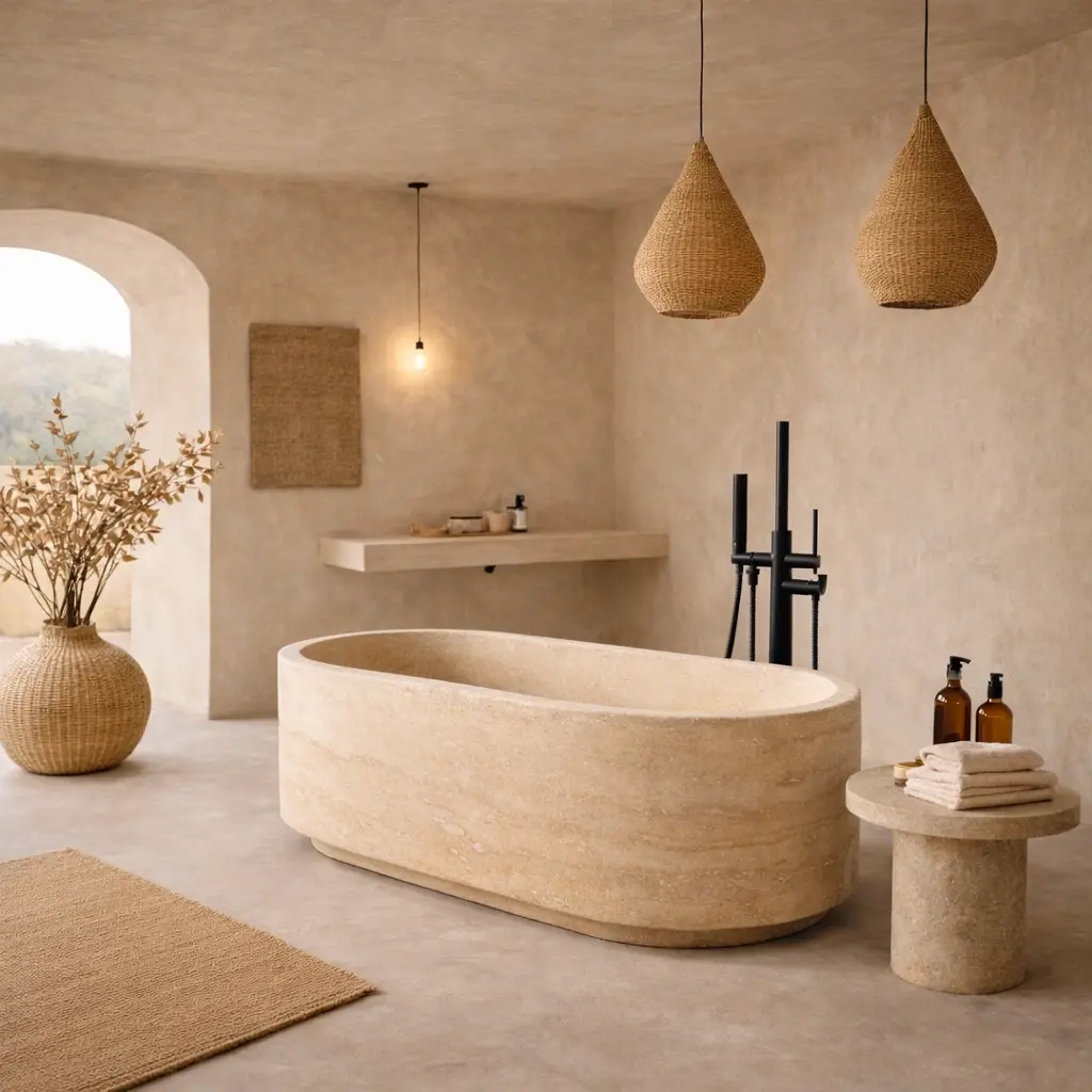 Baignoire îlot, pierre naturelle Travertin beige,170x80, Caïques