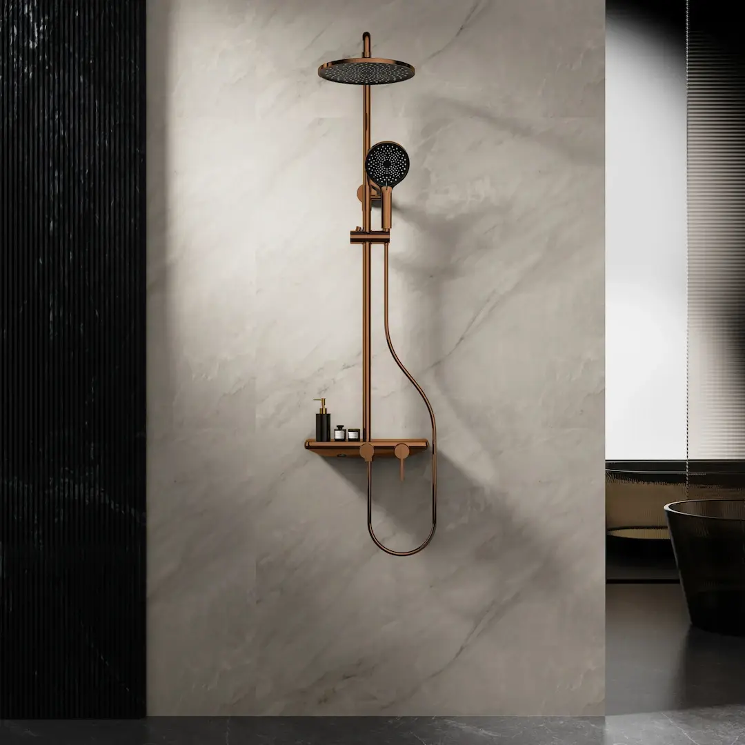 Colonne de douche ou bain douche, avec mitigeur mécanique, 3 voies, plaque verre miroir, Copper brossé, Iéna