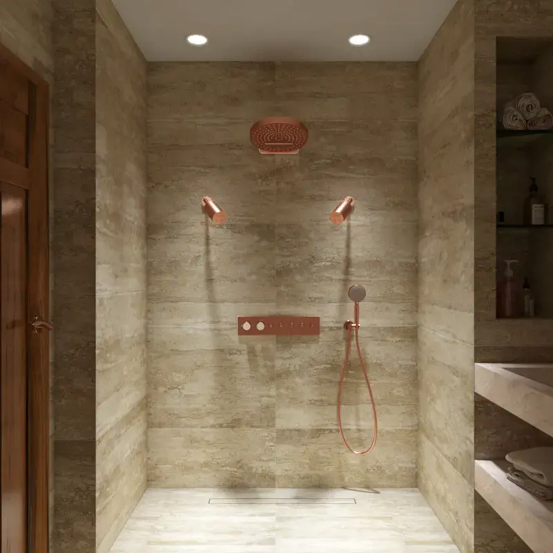 Douche thermostatique, ciel de douche ronde et douches épaules, doré rose brossé Châtelet