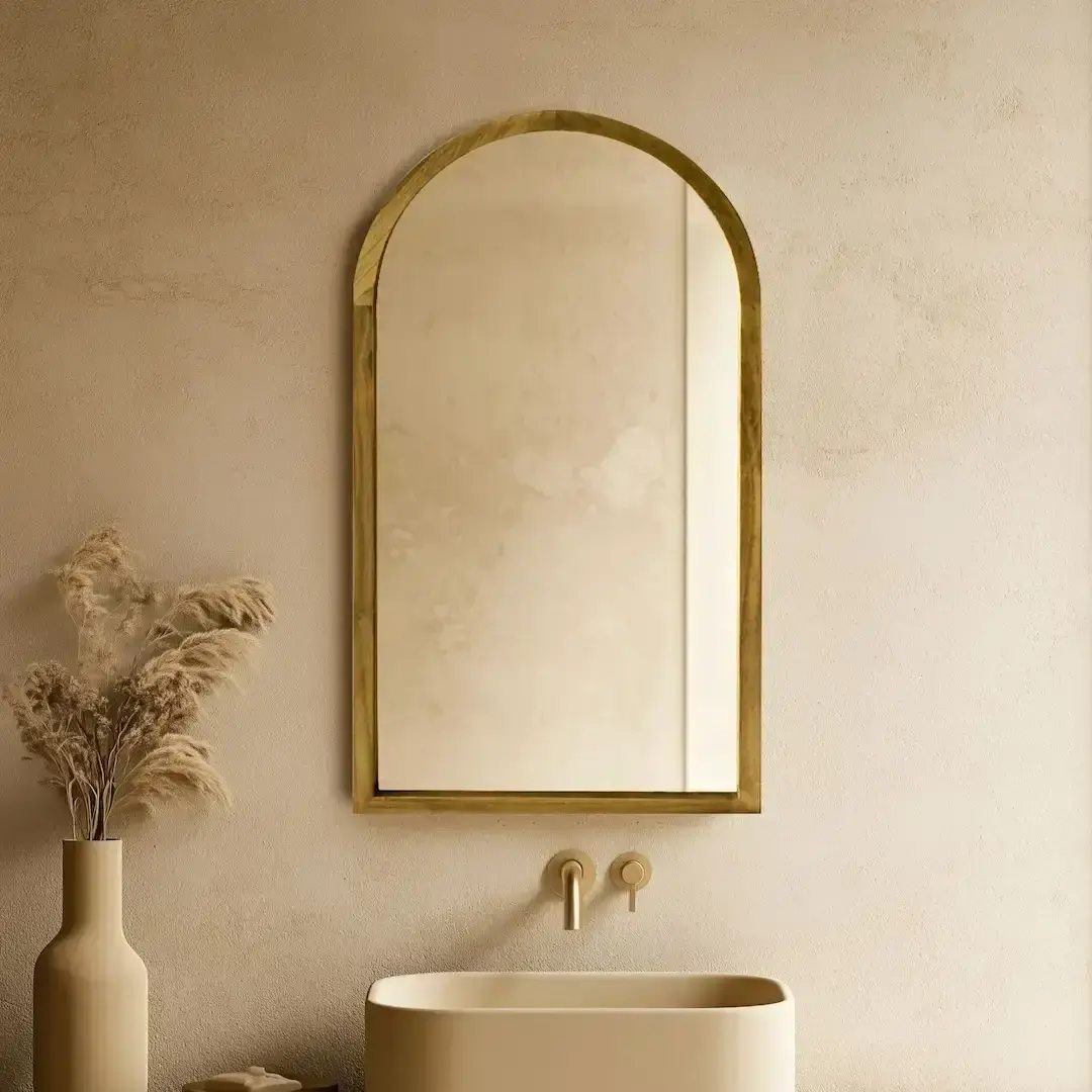 Miroir demi-lune avec cadre en bois chêne clair et bouton pour rétroéclairage