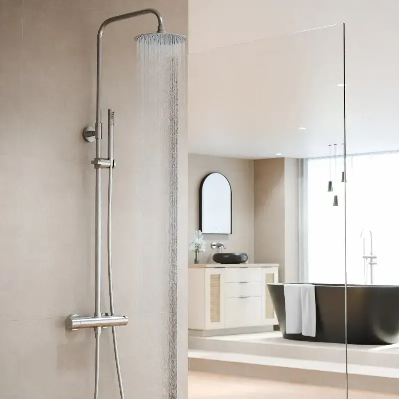 Colonne de douche avec mitigeur thermostatique, Ø25cm, inox brossé, Châtelet 