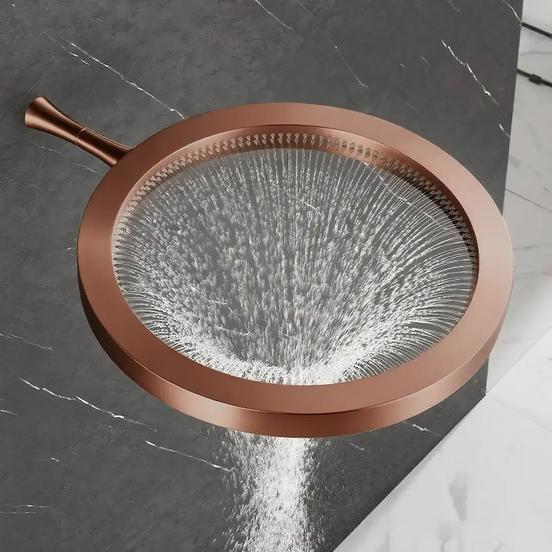 Composition mitigeur de douche thermostatique encastré doré rose brossé, pomme de tête ouverte, Châtelet 