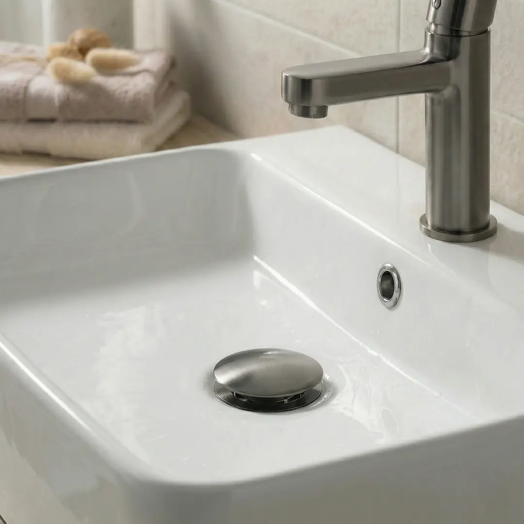 Bonde de lavabo universelle clic-clac en inox brossé, finition Gun Métal sombre.