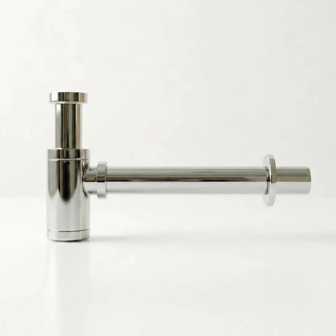 Siphon décoratif cylindrique en inox finition chrome miroir pour lavabo et vasque suspendue.