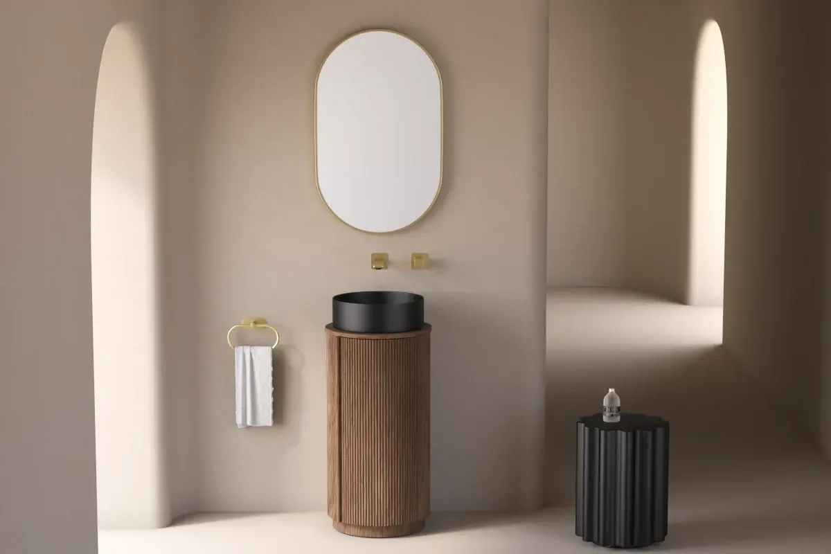 Meuble Totem  en bois cannelé noyer avec vasque en marbre noir