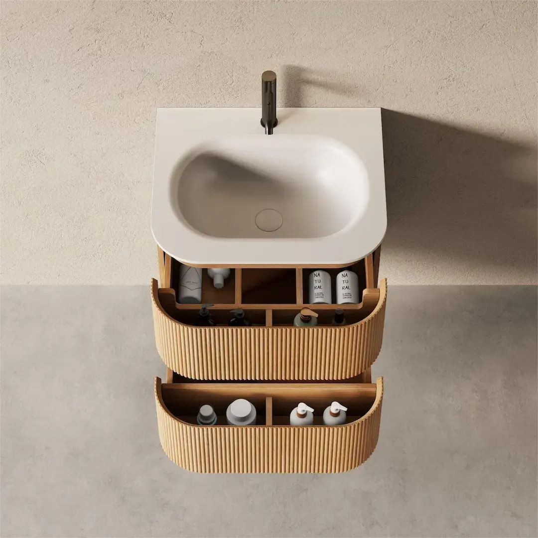 Meuble vasque 60x50, arrondi, résine minérale blanc mat, chêne naturel, Alix