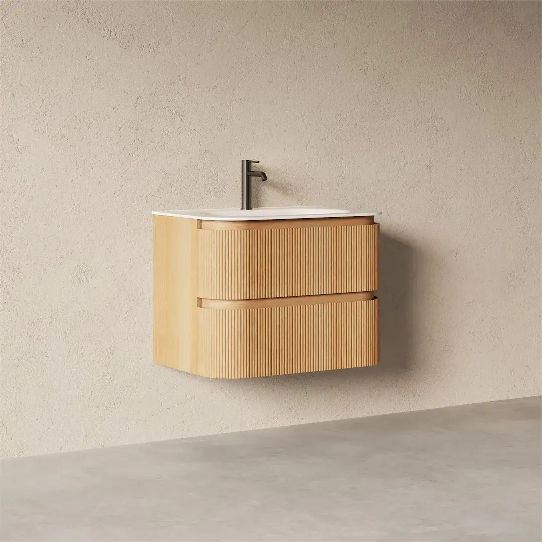 Meuble vasque 75x50, arrondi, résine minérale blanc mat, chêne naturel, Alix 