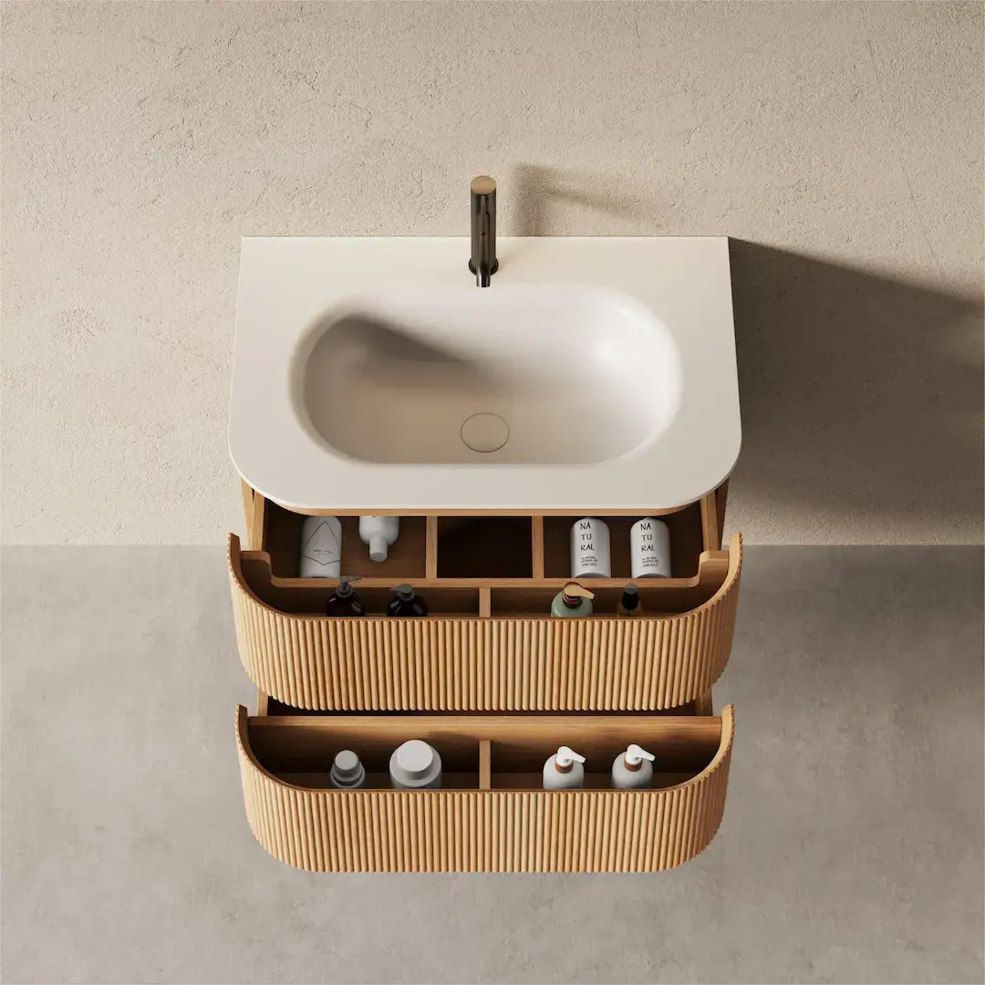 Meuble vasque 75x50, arrondi, résine minérale blanc mat, chêne naturel, Alix 