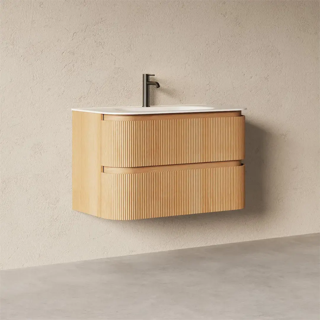 Meuble vasque 90x50, arrondi, résine minérale blanc mat, chêne naturel, Alix  