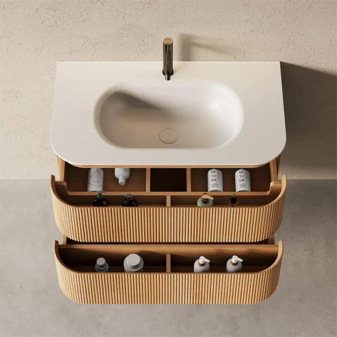 Meuble vasque 90x50, arrondi, résine minérale blanc mat, chêne naturel, Alix  