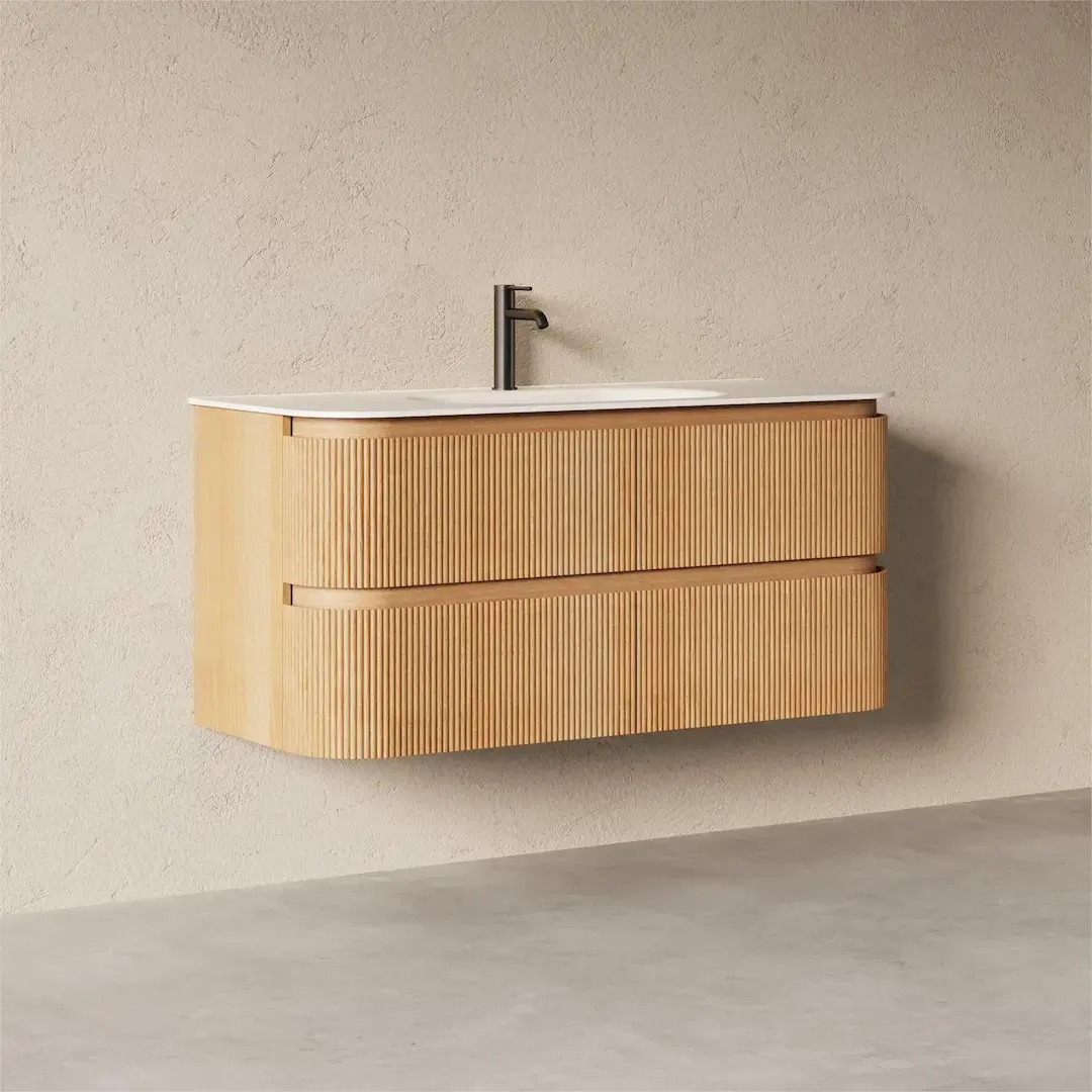 Meuble vasque 120x50, arrondi, résine minérale blanc mat, chêne naturel, Alix   