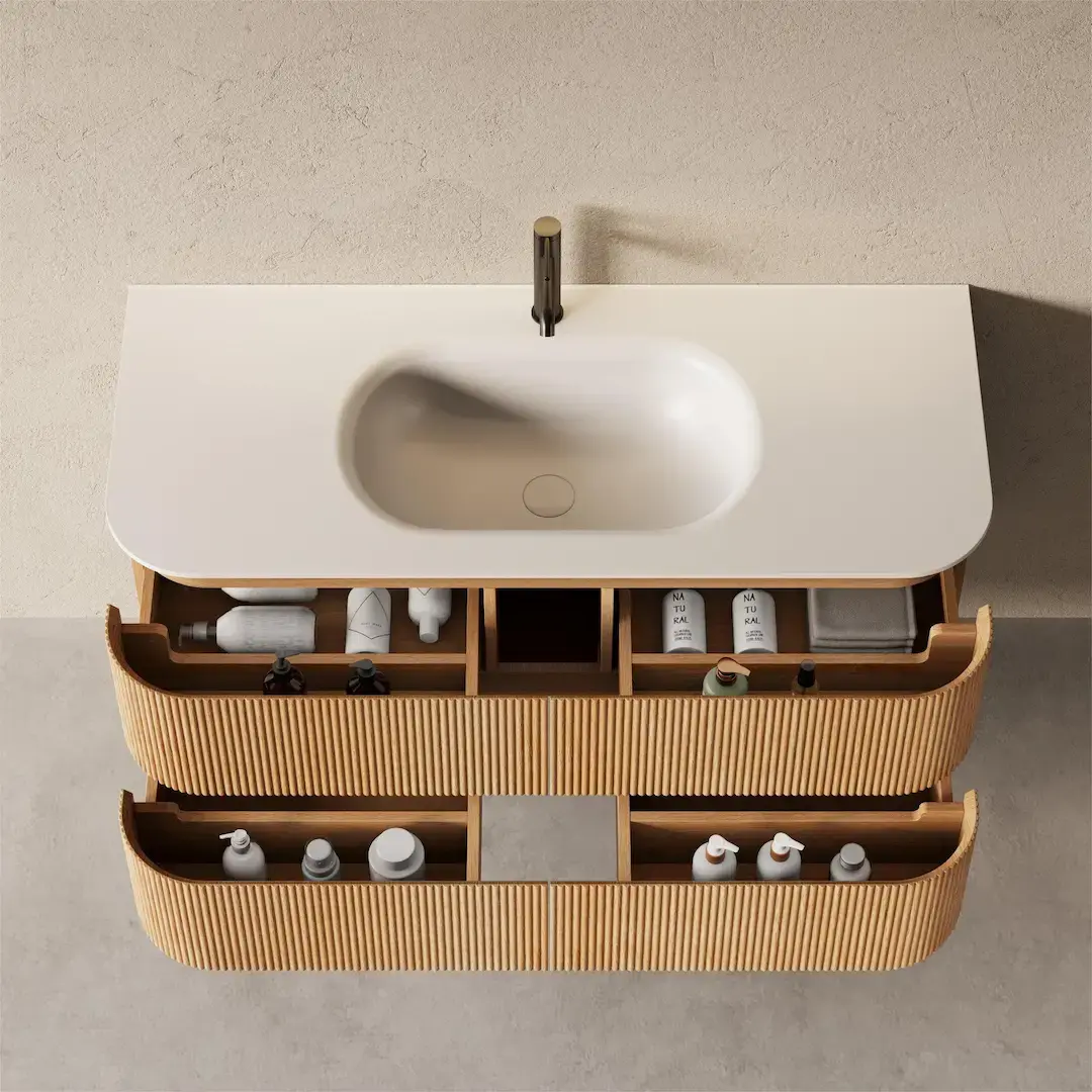 Meuble vasque 120x50, arrondi, résine minérale blanc mat, chêne naturel, Alix   