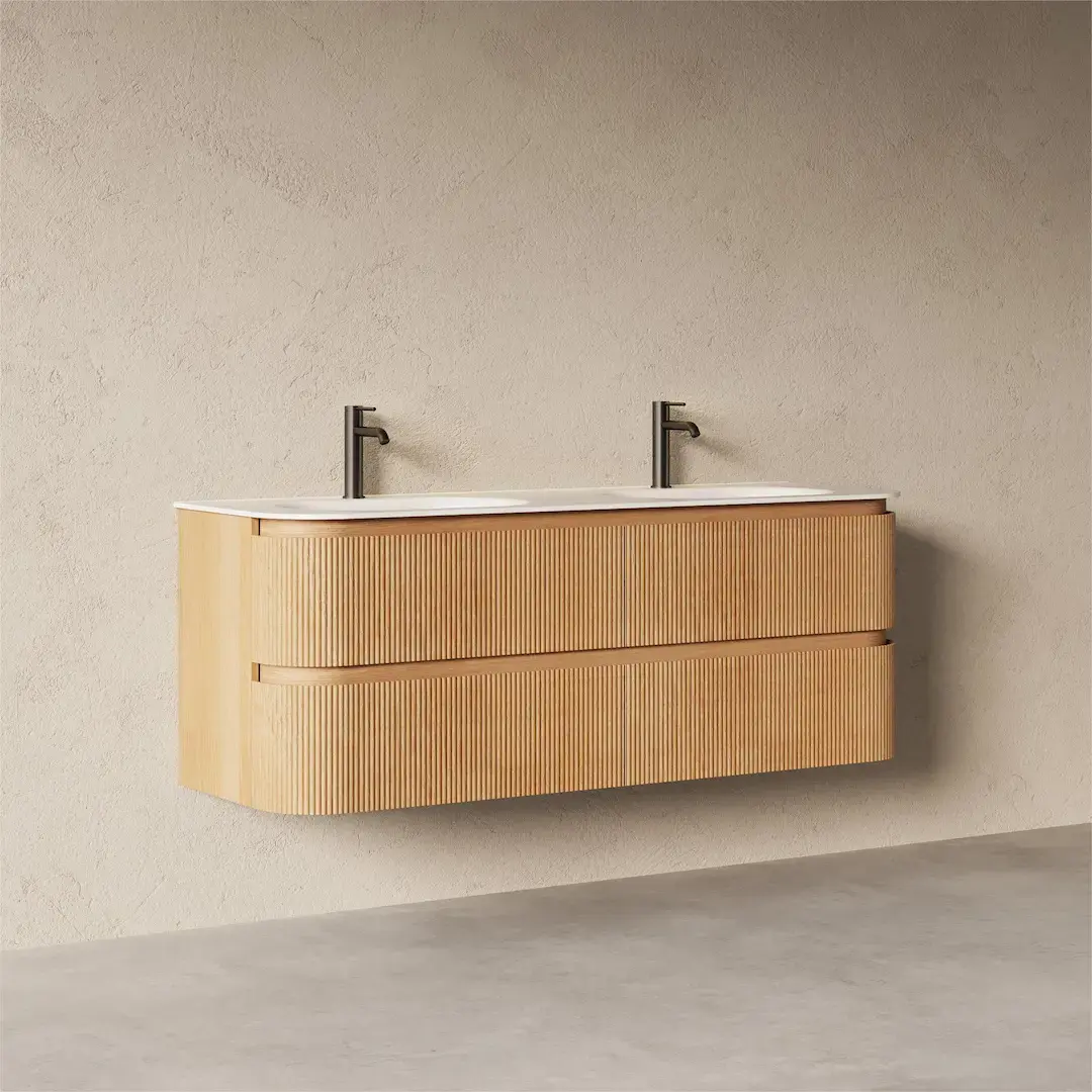 Meuble double vasque 150x50, arrondi, résine minérale blanc mat, chêne naturel, Alix   