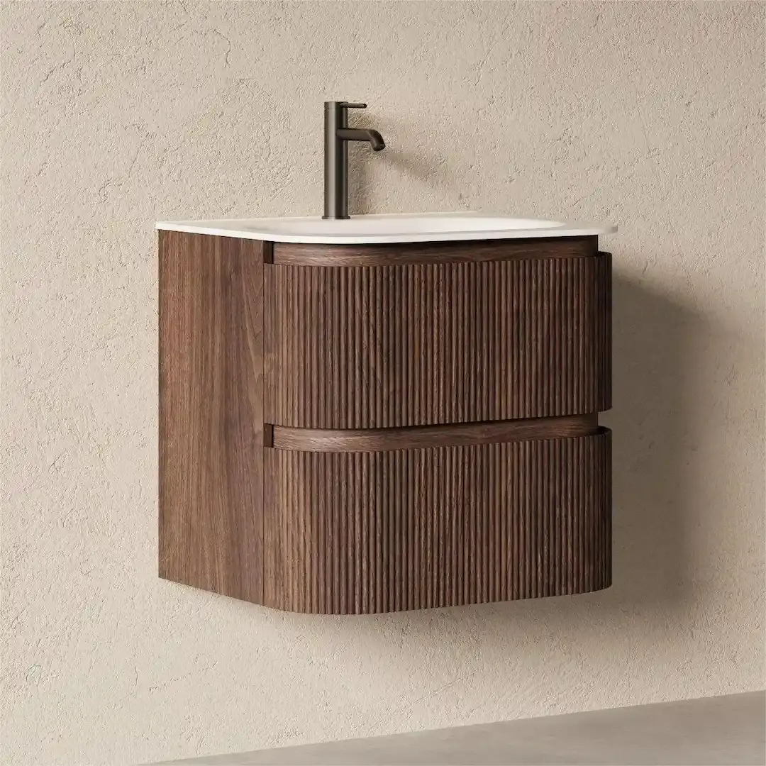 Meuble vasque 60x50cm, arrondi, résine minérale blanc mat, noyer, Alix 