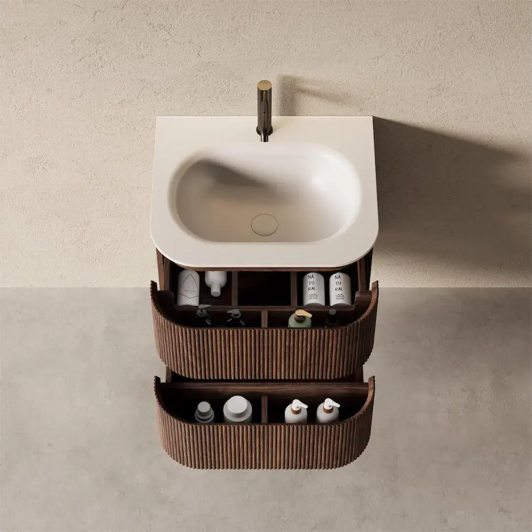 Meuble vasque 60x50cm, arrondi, résine minérale blanc mat, noyer, Alix 