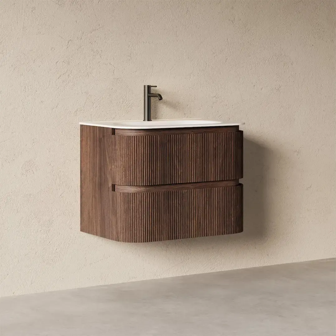 Meuble vasque 75x50cm, arrondi, résine minérale blanc mat, noyer, Alix  