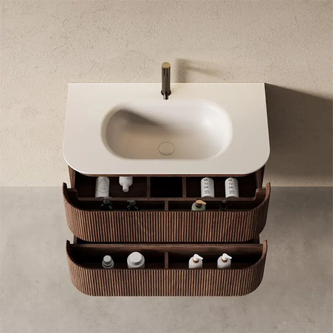 Meuble vasque 90x50cm, arrondi, résine minérale blanc mat, noyer foncé, Alix   