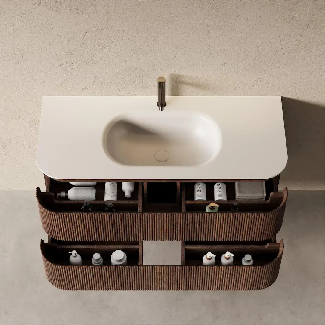 Meuble vasque 120x50cm, arrondi, résine minérale blanc mat, noyer, Alix    