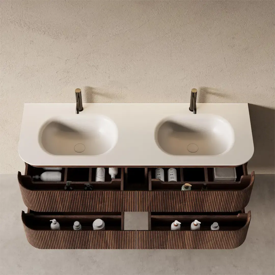 Meuble double vasque 150x50cm, arrondi, résine minérale blanc mat, noyer, Alix    