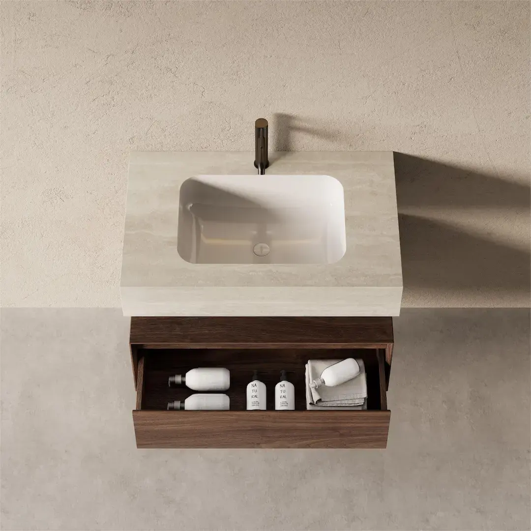 Meuble Vasque Suspendu Irene 80 cm – Duo Noyer & Travertin